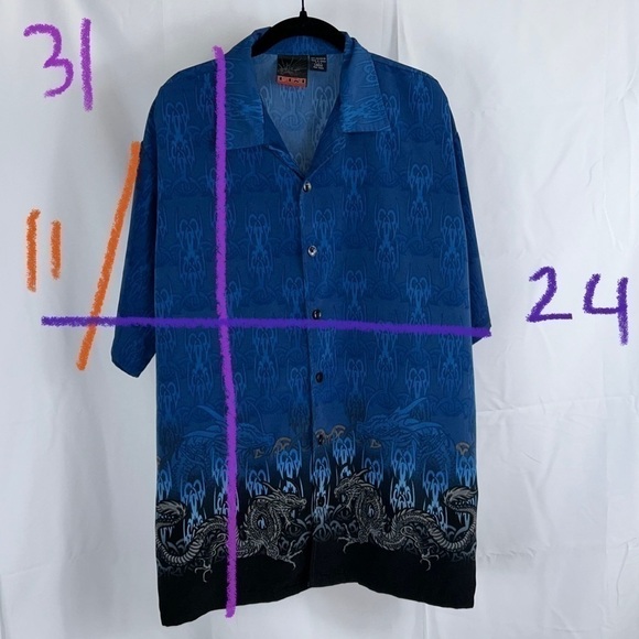 Vintage Korean Oriental Styled 2 Tone Dragon Flames Button Up Short Sleeve Top - Picture 3 of 11